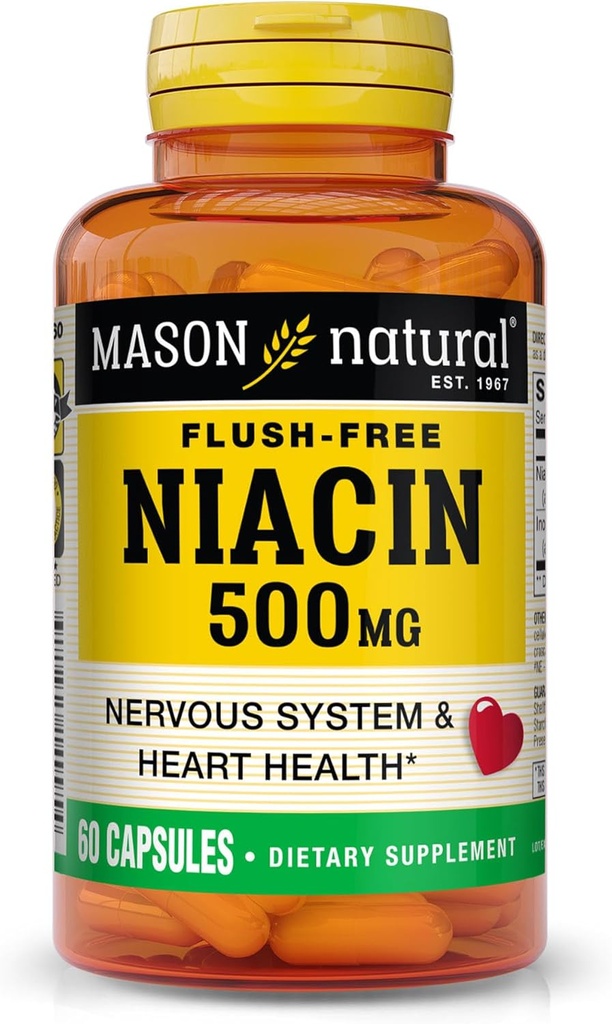 MASON NATURAL Niacin 500 mg Flush-Free, Υποστηρίζει την καρδιακή υγεία, το νευρικό σύστημα & την παραγωγή ενέργειας, 60 κάψουλες
