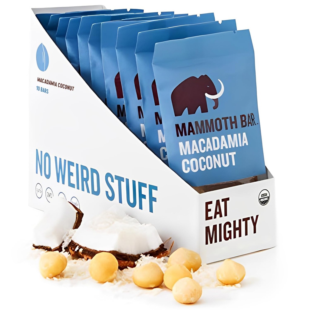 Mammoth Bar Macadamia Coconut Bar - 10 οργανικές μπάρες πρωτεϊνών – Υψηλής Ίνας • Παλαιό • Χωρίς γλουτένη • Πρωτεΐνη αυγών • GMO Free • Ακατέργαστο • Premium Καρποί • Προβιοτικά