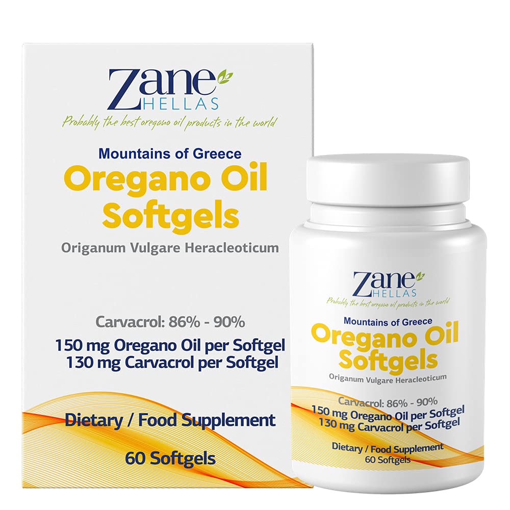 Zane Hellas 130 mg Carvacrol - 150 mg Oregano Oil per Softgel. World Highest Concentration Oregano Oil Capsule. Softgel Contains 30% Greek Essential Oil of Oregano. 60 Softgels.