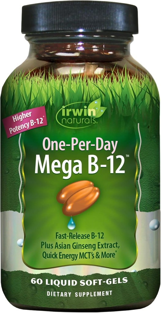 Irwin Naturals Mega B-Complex - 60 Liquid Softgels - Vitamin B Complex με βιταμίνη B12, Folate B9, Biotin B7, B1, B2, B3, B5, B6, και Quick Energy MCTs