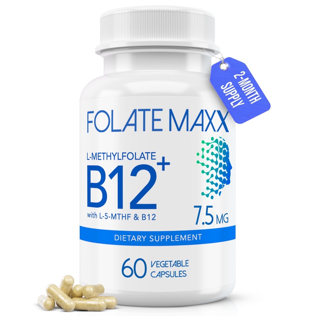 L Methylfolate 7.5mg Plus B12 Methyl - 60 Capsules - 5-MTHF with B12 Methylcobalamin Supplement for Mood, Methylation and Cognition - Bioactive Forms of Vitamin B9 & B12-2 Month Supply