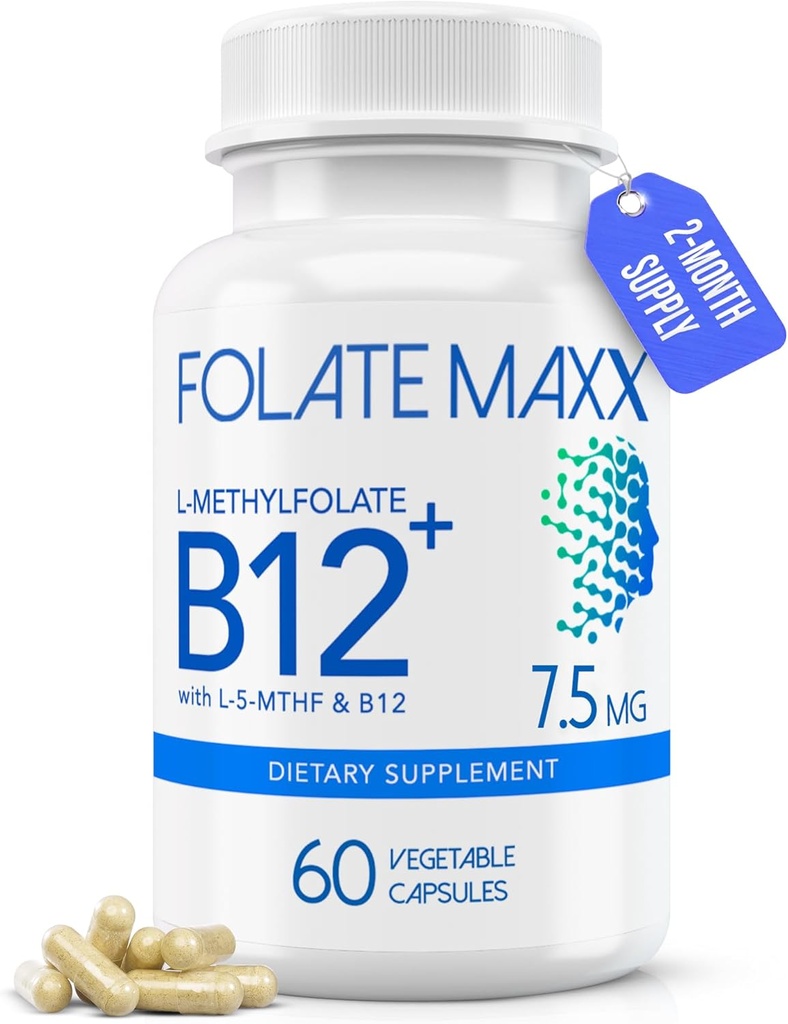 L-μεθυλοφολικό + B12 Μεθυλοκοβαλαμίνη Blend 7.5mg - 60 Κάψουλες - Ενεργό Φολικό οξύ & μεθυλιωμένο B12-5-MTHF & B12 συμπλήρωμα για άνδρες & γυναίκες - μη ΓΤΟ, Χωρίς γλουτένη, χωρίς πληρωτικά