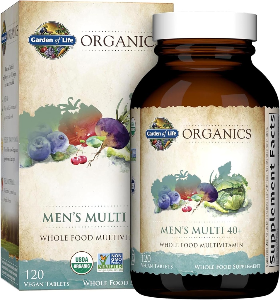 Garden of Life Organics Whole Food Multivitamin for Men 40+ 120 Tablets, Vegan Mens Multi for Health & Well-Being Certified Organic Whole Food Vitamins & Minerals for Men Over 40 Mens Vitamins