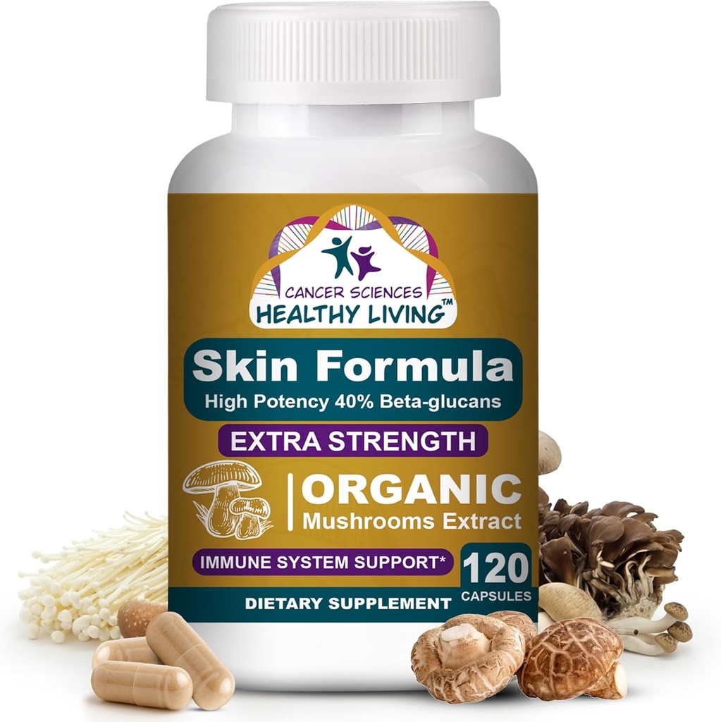 Cancer Sciences Skin Wellness Supplement, USDA Certified Organic Extract Mushrooms Supplement, Extra Strength 1.500 mg, High Potency 40% Beta-Glucans, Immune Support, Glawing Complexion, 120 Κάψουλες