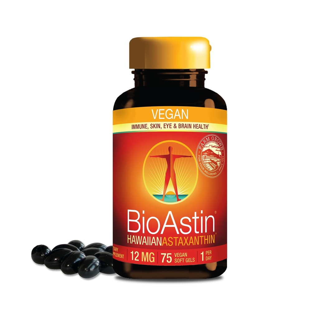 Nutrex Hawaii Vegan BioAstin Hawaiian Astaxanthin - 12mg, 75 Softgels - Farm-Direct Premium Αντιοξειδωτικό συμπλήρωμα για την υποστήριξη της υγείας των ματιών, του δέρματος, του κοινού και του ανοσοποιητικού συστήματος - Μη GMO & Gluten-free