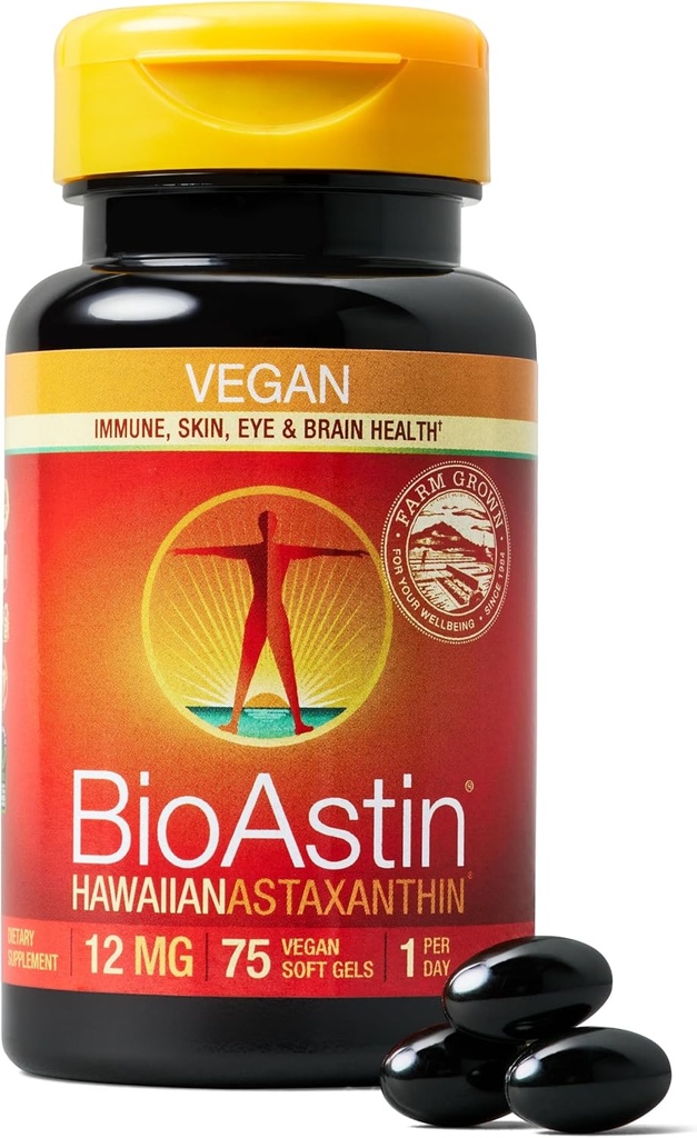 Nutrex Hawaii Vegan BioAstin Hawaiian Astaxanthin - 12mg, 75 Softgels - Farm-Direct Premium Αντιοξειδωτικό συμπλήρωμα για την υποστήριξη της υγείας των ματιών, του δέρματος, του κοινού και του ανοσοποιητικού συστήματος - Μη GMO & Gluten-free