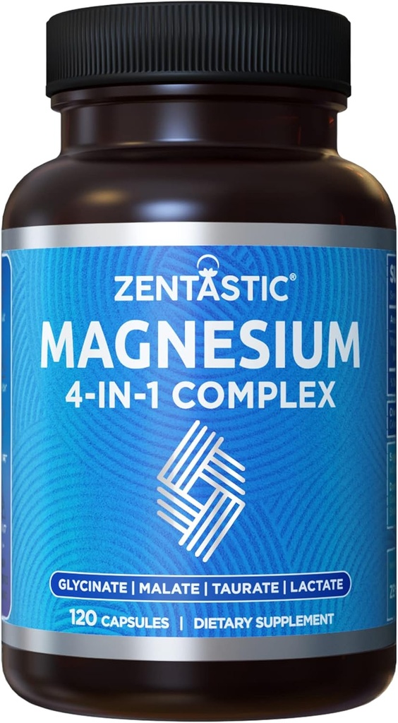 Zentastic Magnesium Complex 4-σε-1 συμπλήρωμα – Μαγνήσιο Γλυκινικό, Μηλεϊκό, Ταυρικό & Γαλακτικό – Χηλική Υψηλή Απορρόφηση για τα νεύρα, τους μυς, τα οστά & την ανοσοποιητική υποστήριξη – 120 κάψουλες