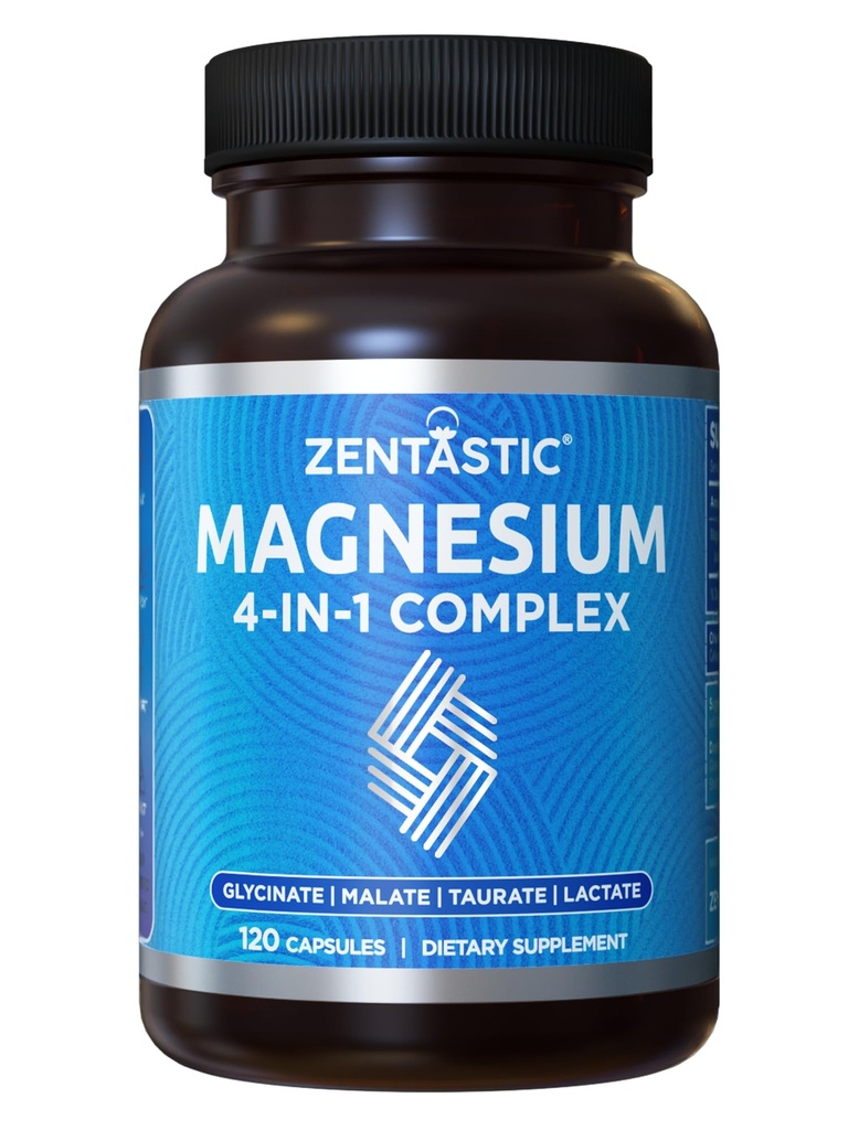 Zentastic Magnesium Complex 4-σε-1 συμπλήρωμα – Μαγνήσιο Γλυκινικό, Μηλεϊκό, Ταυρικό & Γαλακτικό – Χηλική Υψηλή Απορρόφηση για τα νεύρα, τους μυς, τα οστά & την ανοσοποιητική υποστήριξη – 120 κάψουλες