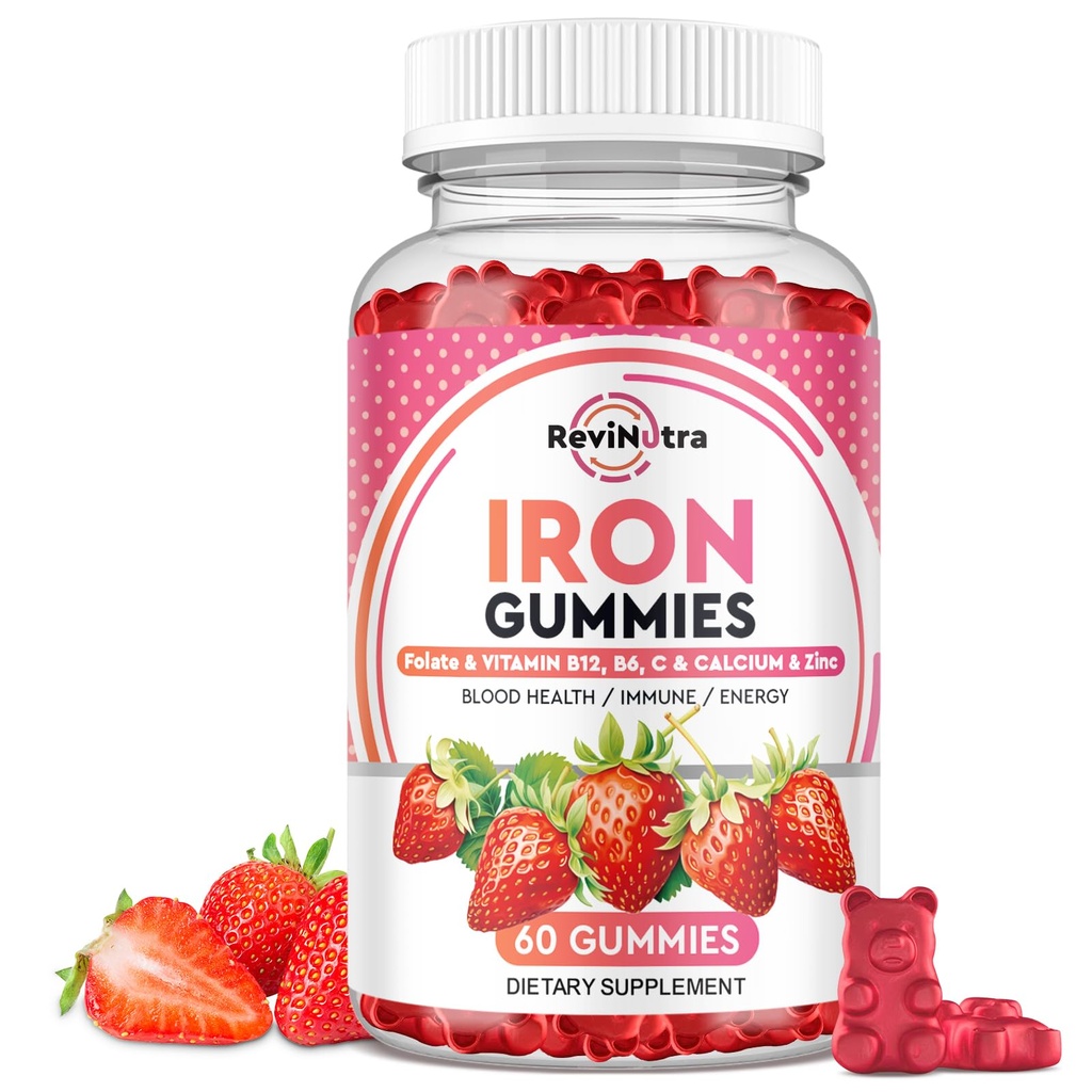 Iron Gummies - με ασβέστιο, ψευδάργυρο, φολικό & βιταμίνη B12, C, B6 για ενήλικες & παιδιά - Blood Builder & Energy Support for Iron Deciency, Anemia, Vegan - 60 Gummies