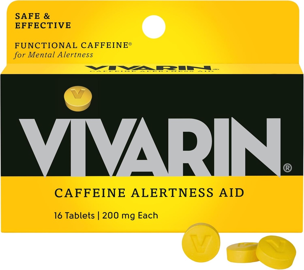 Vivarin, χάπια καφεΐνης, 200mg καφεΐνη ανά δόση, Ασφαλώς και αποτελεσματικά σας βοηθά να μείνετε Ξύπνα, χωρίς ζάχαρη, θερμίδες ή κρυμμένα συστατικά, ενεργειακό συμπλήρωμα, 16 δισκία