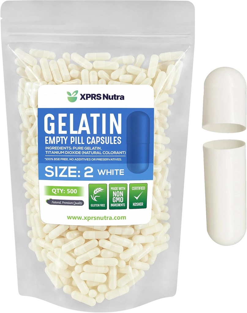 XPRS Nutra Size 2 Empty Capses - 500 Count Empty Gelatin Capses - Χάπια DIY Capsule Filling - Pure Bovine Pill Gel Caps for Do-It-Yourself Συμπληρώματα (White)
