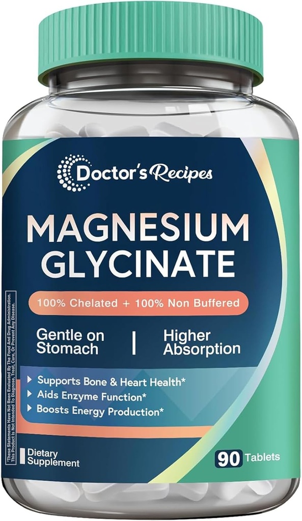 Doctor's Recipes Μαγνήσιο Γλυκινικό, Χηλικό μαγνήσιο με υψηλή απορρόφηση & μη βουλωμένο, εύκολο στο στομάχι, χωρίς γλουτένη, οστά, νεύρο & ενεργειακή υποστήριξη, 90 δισκία