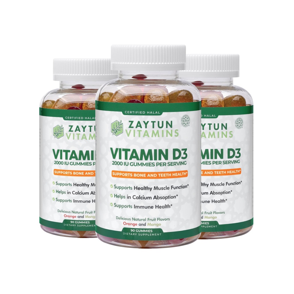 Zaytun Halal Vitamin D3 2000 IU Gummies, Υποστηρίζει την υγεία των οστών και του ανοσοποιητικού, προάγει τη λειτουργία των μυών, γλουτένη & Ζελατίνη Δωρεάν, (3-πακέτο) - Κατασκευάζεται στις ΗΠΑ