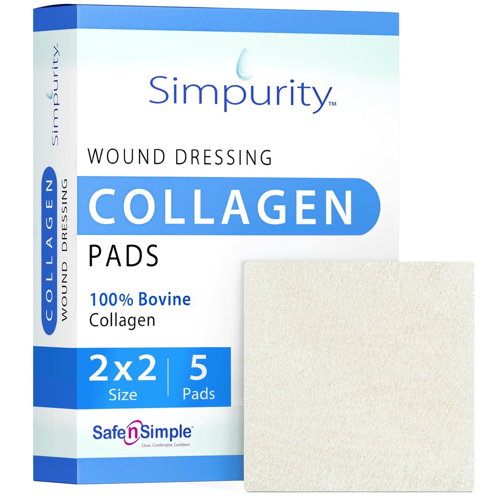 Collagen Dressing Pads - 2" x 2" 5 Count Collagen Pads for Wounds - Non-Adherent Collagen Dressing for Wound Care - Safe n' Simple Wound Care Supplies