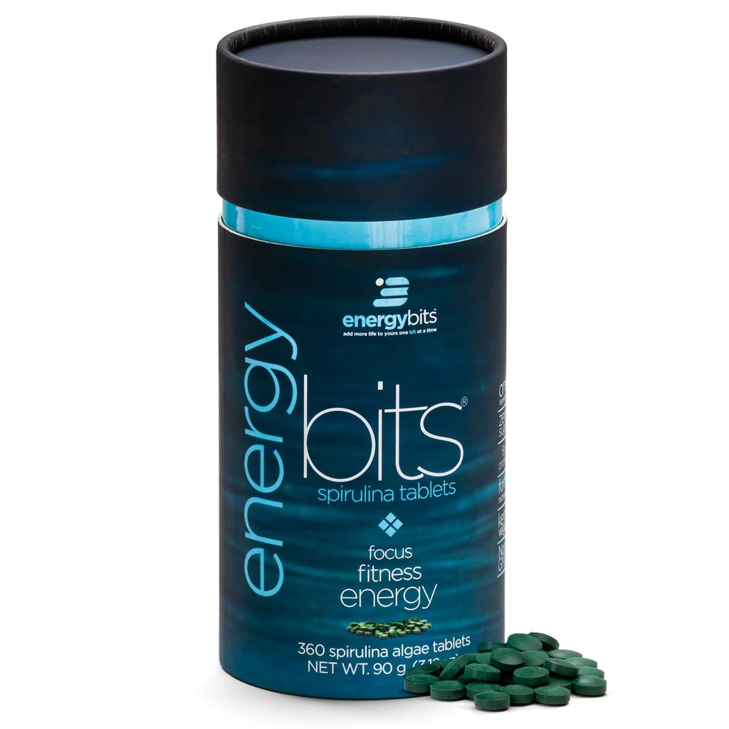ENERGYBITS Organic Spirulina Tablets (360 Algae Tablets) Natural Superfood for Energy, Fitness & Focus - 5g Protein, 1 Calorie, Sugar Free - Omega 3 - Spirulina Capsules - Gluten Free, Keto & Vegan