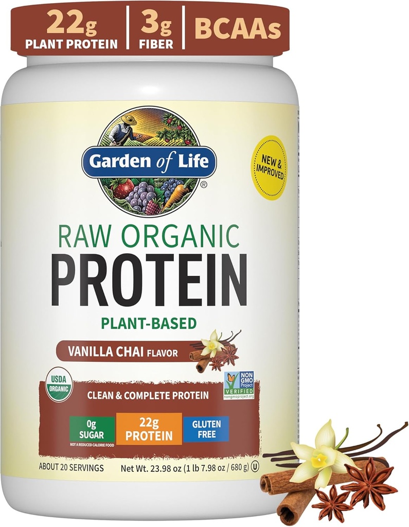 Garden of Life Organic Vegan Protein Powder, Plant Based & BCAAs, Organic Protein Powder with Probiotics & Enzymes, Non-GMO, Gluten-Free Lactose Free, Vanilla Chai, 1.2 LB