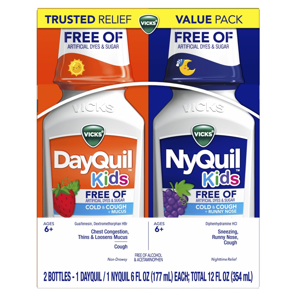 VICKS Kids DayQuil & NyQuil Cold & Cough Relief Liquid Co-Pack, Free of Artificial Dyes & Sugar, Multi-Symptom Relief of Cough, Sneezing, Runny Nose, Mucus, and Chest Congestion, for Ages 6+, 2x6oz