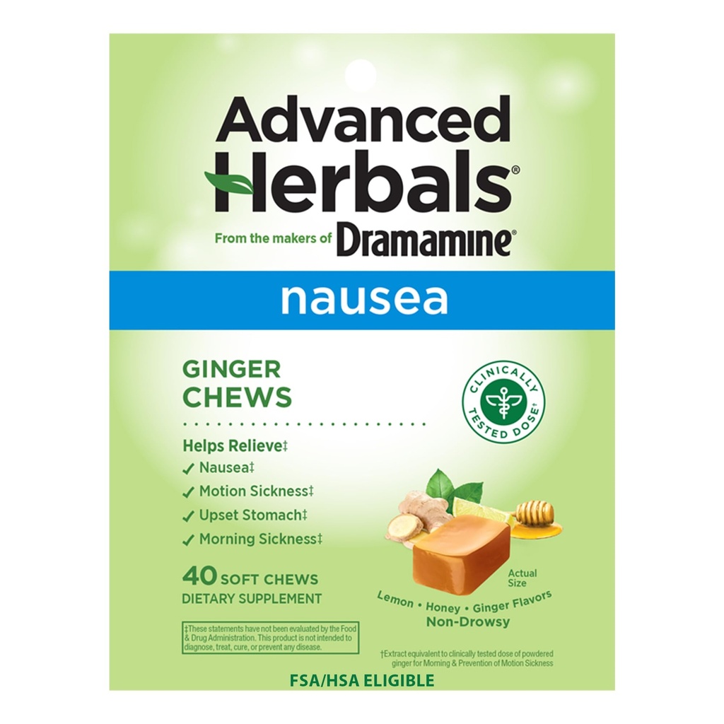 από The Makers of Dramamine, Advanced Herbals, Ginger Chews, Nausea Relief Soft Chews Lemon-Goney-Ginger, 40 Count