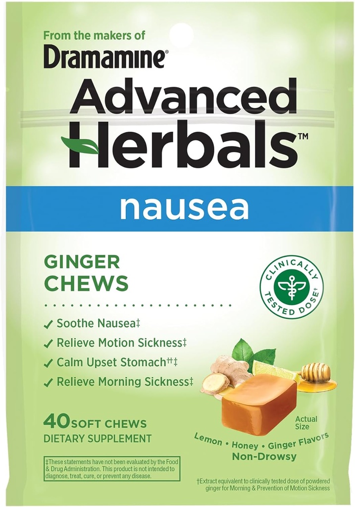 from The Makers of Dramamine, Advanced Herbals, Ginger Chews, Nausea Relief Soft Chews Lemon-Honey-Ginger, 40 Count