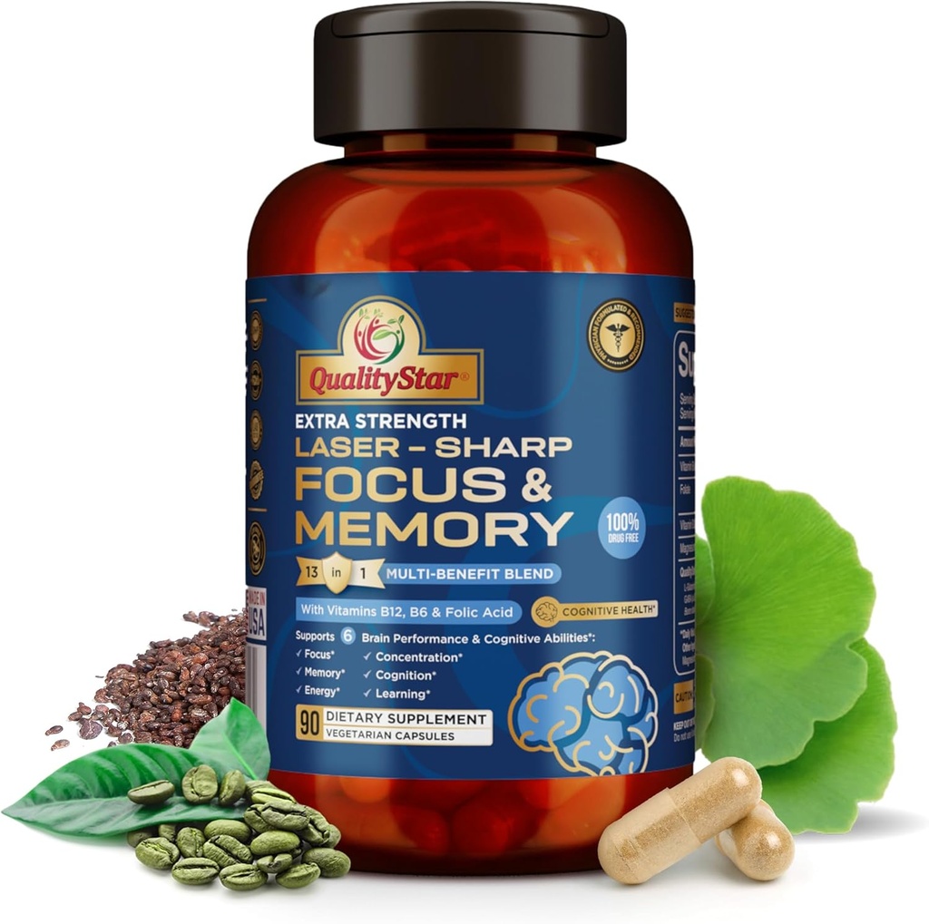 Focus and Memory Vitamins, 13-in1 Multi-Benefit Blend για Γνωστική και Εγκεφαλική Υγεία, συμπλήρωμα μνήμης για τον εγκέφαλο, 90 κάψουλες χορτοφάγων