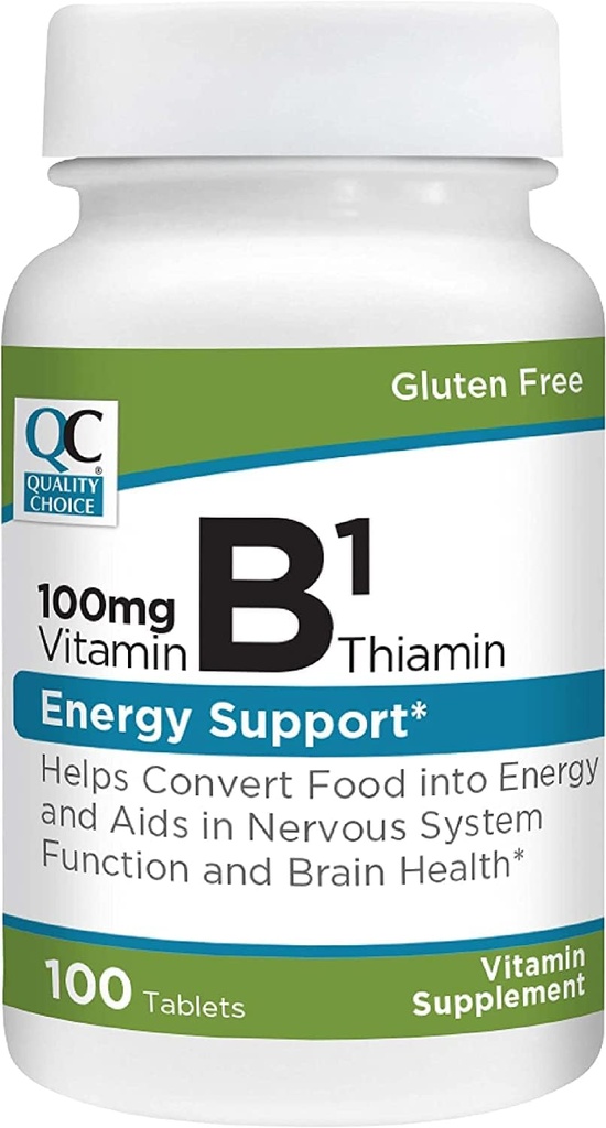Quality Choice Vitamin B1 Thiamin 100 mg Ενεργειακή Υποστήριξη, Λειτουργία του νευρικού συστήματος, & Εγκεφαλική Υγεία Βιταμίνη συμπληρώματα δισκία, 100 μπουκάλια κόμη
