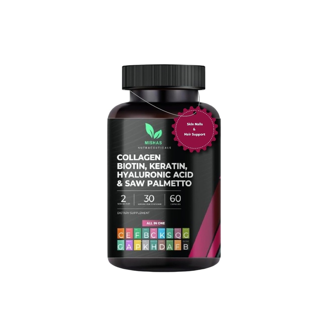 Multi Collagen Hair Pills - Biotin 10.000mcg, Κερατίνη & Υαλουρονικό οξύ - Hair Growth - Δέρμα μαλλιών & νύχια Βιταμίνες & DHT Blocker - Βιταμίνη Ε Folic Acid Κολοκύθα Σπόροι MSM, Saw Palmetto 60 Vegan κάψουλες