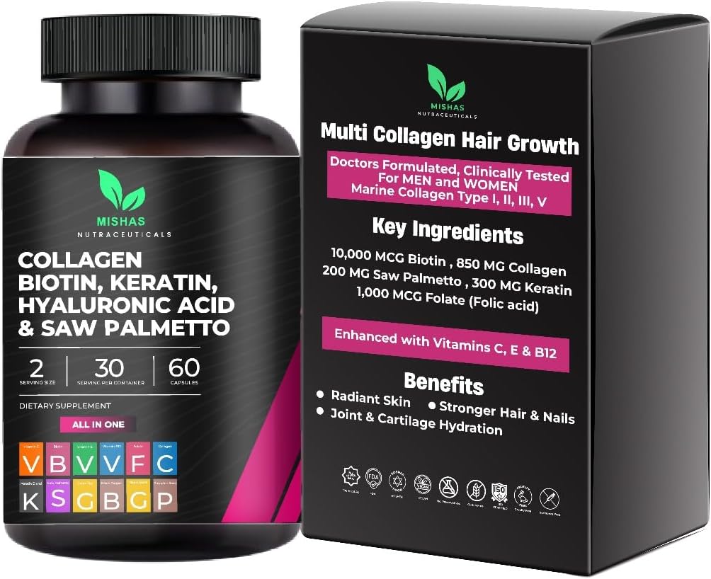Multi Collagen Hair Pills - Biotin 10.000mcg, Κερατίνη & Υαλουρονικό οξύ - Hair Growth - Δέρμα μαλλιών & νύχια Βιταμίνες & DHT Blocker - Βιταμίνη Ε Folic Acid Κολοκύθα Σπόροι MSM, Saw Palmetto 60 Vegan κάψουλες