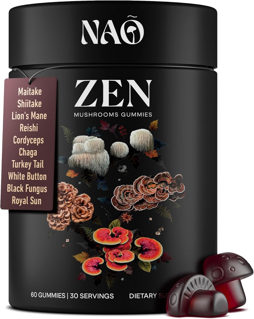 NAO Made in USA 10 in-1 Mushroom Gummies Nootropic – Premium Blend with Reishi, Lion’s Mane, Chaga, Cordyceps, Shiitake, Maitake & Turkey Tail for Brain, Immune & Energy Support –Non-GMO, Vegan
