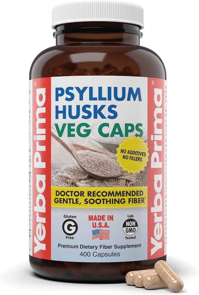 Yerba Prima Psyllium Husks Veg Caps, 400 Κάψουλες (625mg) - Vegan, Μη ΓΤΟ, Χωρίς γλουτένη, Καθαριστής Κολώνων, Καθημερινή Συμπλήρωμα Ίνας για Υγεία & Κανονικότητα