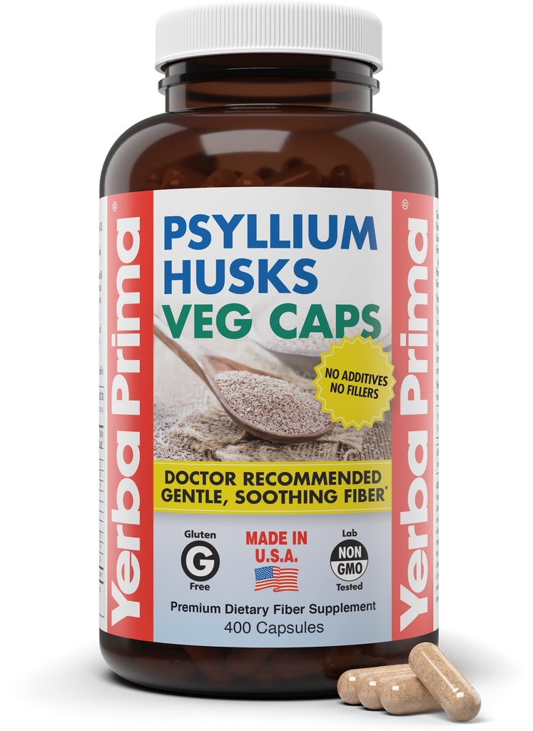 Yerba Prima Psyllium Husks Veg Caps, 400 Κάψουλες (625mg) - Vegan, Μη ΓΤΟ, Χωρίς γλουτένη, Καθαριστής Κολώνων, Καθημερινή Συμπλήρωμα Ίνας για Υγεία & Κανονικότητα