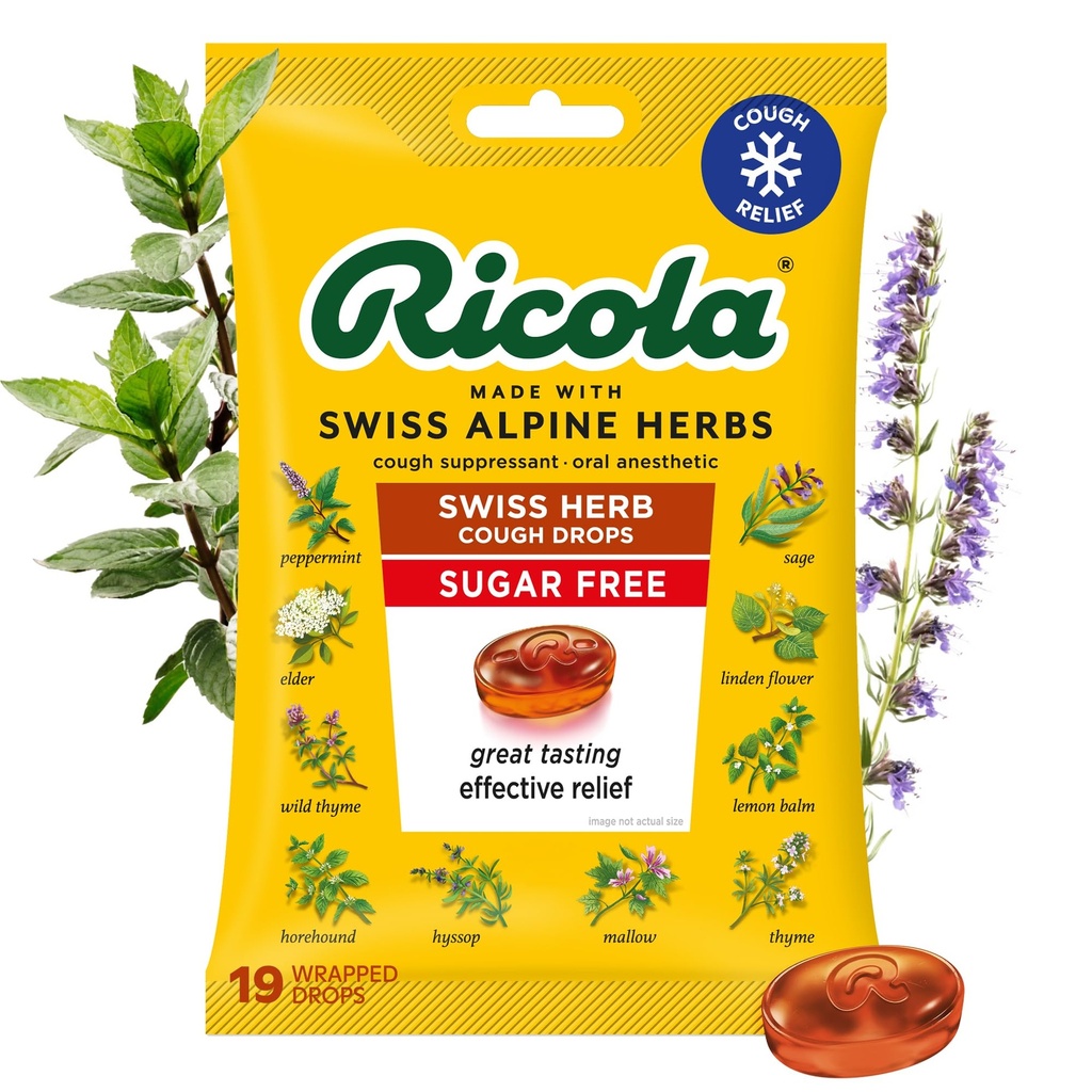 Ricola Sugar Free Swiss Herb Cough Drops, 19 Count, Cough Suppressant & Throat Reliefing Drops with Φυσικώς πηγασμένη Μέντχολ, Ευχάριστη Γεύση για Βήχα & Λαρύγγι Ερεθιστικό Σύμπτωμα Ανακούφιση