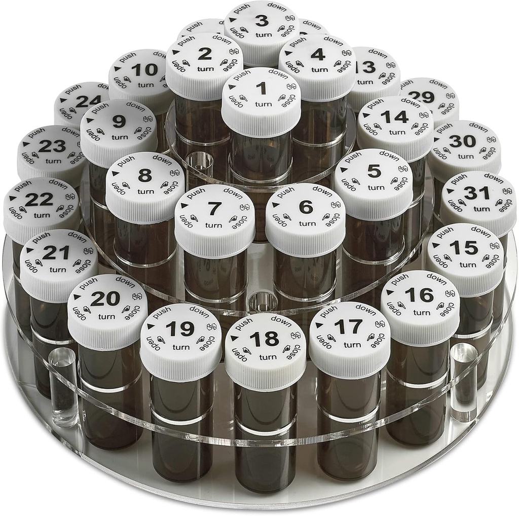 Monthly Pill Bottle Organizer Caddy - 31 αριθμημένα πλήρη μεγέθους χάπια μπουκάλια w Child-Proof Lids για κάθε ημέρα του μήνα- σαφές Rack και εύκολο στη χρήση για την ημερήσια δόση των φαρμάκων Βιταμίνες και συμπληρώματα