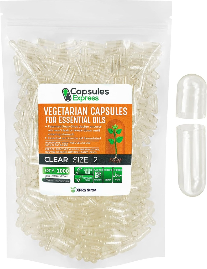 XPRS Nutra Size 2 Empty Vegan Κάψουλες - 1000 Clear Veggie Κάψουλες για τα περισσότερα αιθέρια έλαια - άδεια φυτικά χάπια - DIY Πλήρωση λαδιού