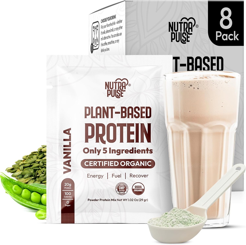 Βιολογική Vegan Protein Powder Συσκευασία δειγμάτων - Φυτική πρωτεΐνη, χωρίς γλουτένη, μη ΓΤΟ, 20g πρωτεΐνη ανά υπηρεσία, Μεγάλη για Smoothies & Shakes (Βανίλια, συσκευασία 8)