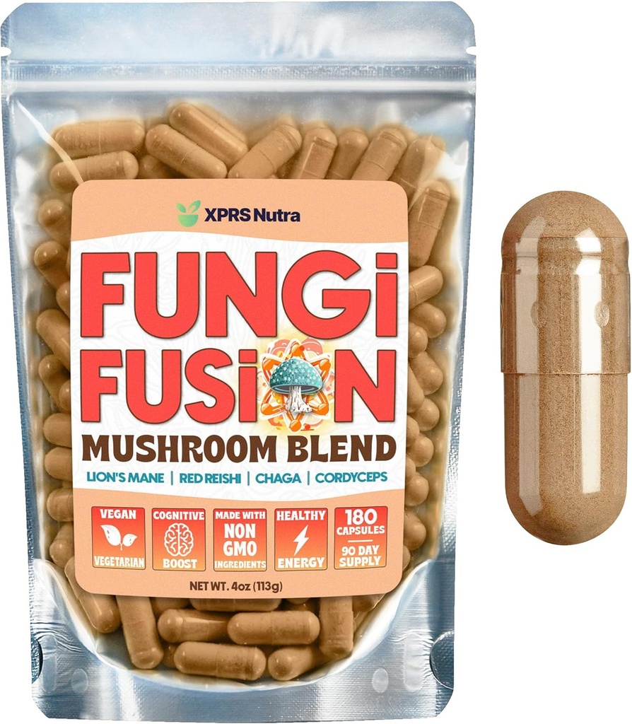 XPRS Nutra Fusion Mushroom Blend Capses - 180 Count (90 Day Supply) Premium Blend of Lion's Mane, Reishi, Chaga, Cordyceps Κάψουλες για την υποστήριξη της ψυχικής σαφήνειας, της αναγνώρισης, της ενέργειας και της ασυλίας