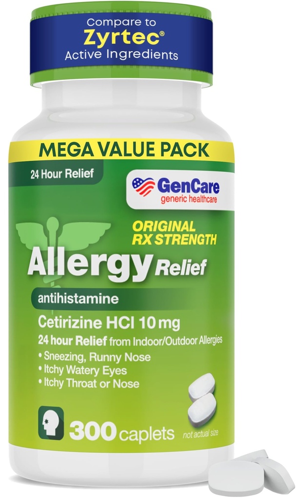 GenCare - Cetirizine HCL 10 mg (300 Caplets) - 24 ώρες Αλεργία χάπια ανακούφισης - Μη υπνηλία Γενόσημο εξωχρηματιστηριακό Αλλεργία φαρμακευτική αγωγή - Αντιισταμινική ιατρική για το φτάρνισμα, Runny μύτη & Ichy Eyes - Generic Zyrtc
