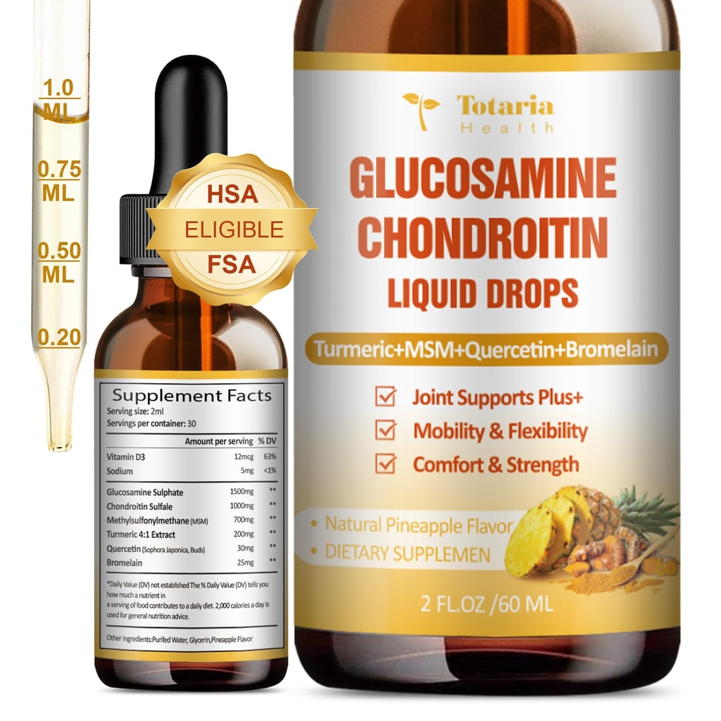 Γλυκοζαμίνη Chondroitin MSM Υγρές σταγόνες FSA-HSA - Κοινό συμπλήρωμα υποστήριξης για την κινητικότητα, ευελιξία και τα οστά Chondroitin Sulfate συμπλήρωμα Turmeric, Quercetin, Bromelain, MSM Oil 2 FL.OZ