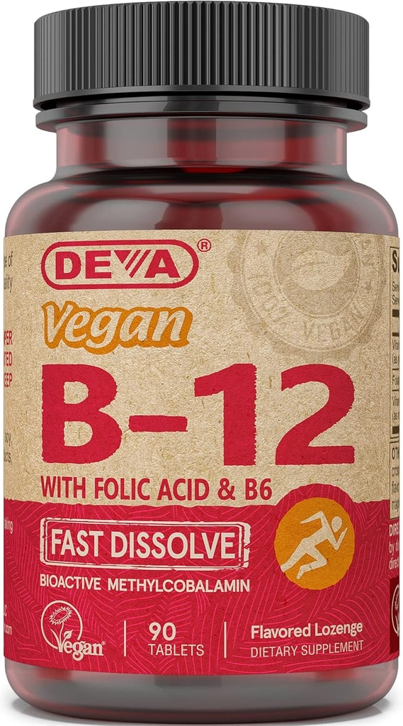 Deva Vegan Vitamin B12 Fast Dissolve Supplement - Μία φορά την ημέρα Complex με 1000 Mcg Methylcobalamin B12, Folic Acid, B6 - Lemon Flavor - 90 Διαλυτά δισκία, 1- Pack
