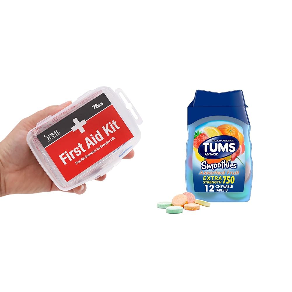 DMI 76-Piece First Aid Kit and TUMS 12 Count Smoothies Extra Strength 750mg Calcium Carbonate Antacid Chewable Tablets Bundle