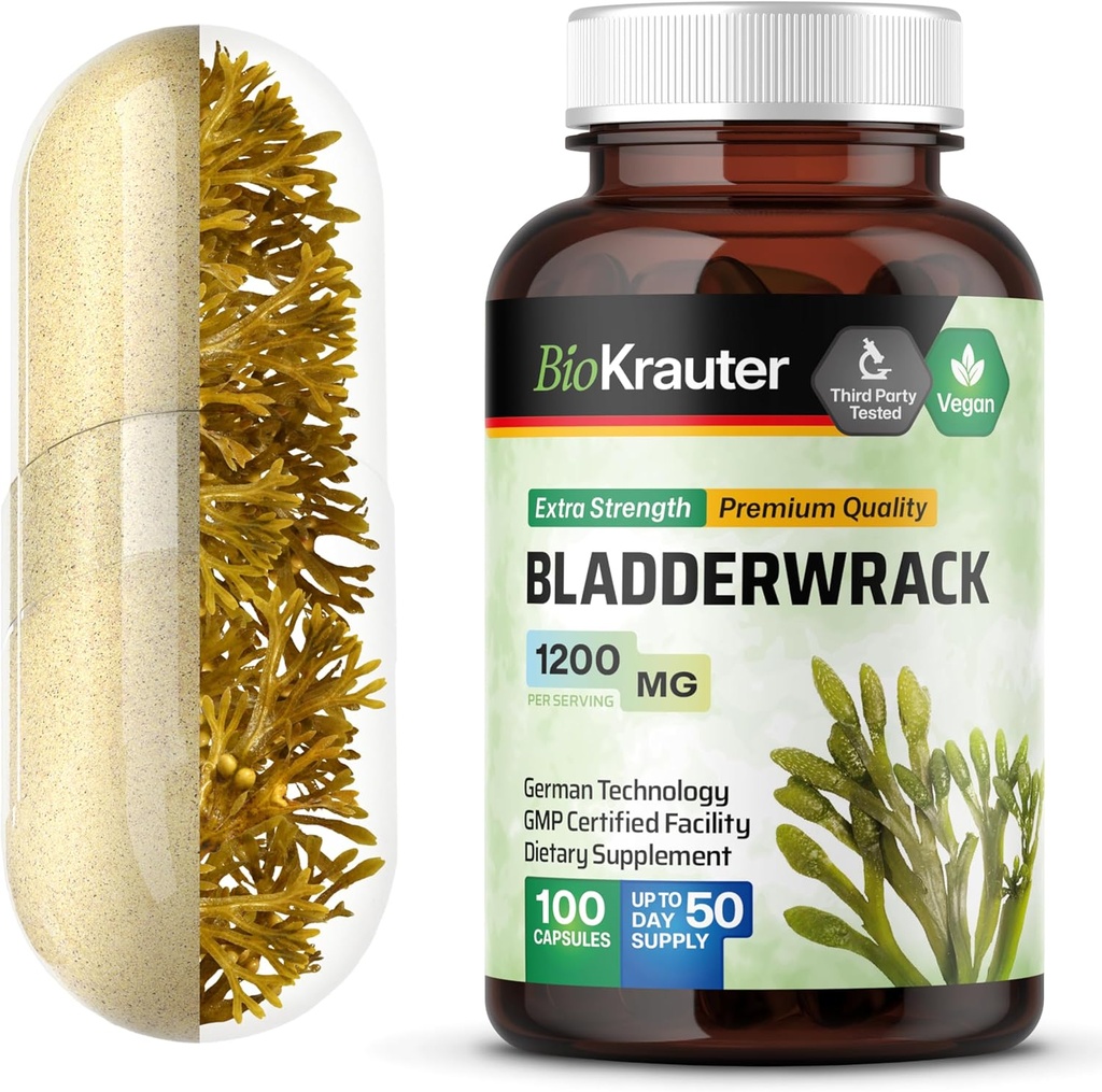 Bladderwrack Capsules 1200 mg - 100 Count - Formula from Natural Marine Source of Iodine - Vegan Bladderwrack Powder Caps