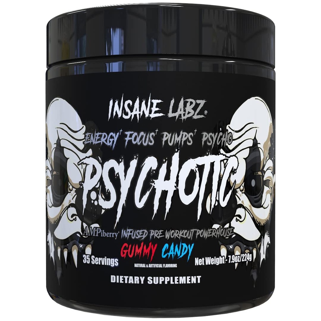 Insane Lazz Psychotic Black Edition Mid Simulant Pre Workout Powder, Ενεργειακά Focus Pumps, Φορτωμένο με Createine Beta Alanine Taurine Fueled by AMPiberry, 35 Servings (Gummy Candy)