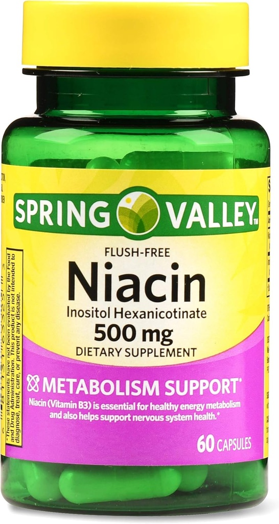 Spring Valley Flush-free Νιασίνη 500 mg Υποστήριξη μεταβολισμού, 60 κάψουλες (πακέτο του 2)