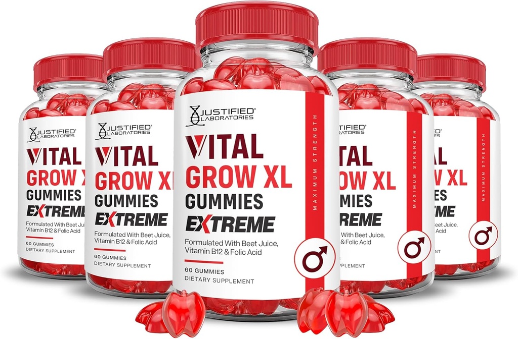 Justified Laboratories (5 Pack) Vital Grow XL Extreme 2000MG Performance Gummies Advanced Formula Formula Formated with ACV Pomegranate Beet Juice Powder B12 Vegan Non GMO 300 Gummys