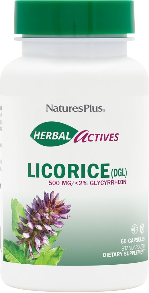 Natures Plus Herbal Actives Licorice (DGL) Κάψουλες - 500mg, 60 Vegan Συμπληρώματα - χορτοφαγικά, χωρίς γλουτένη - 60 Services