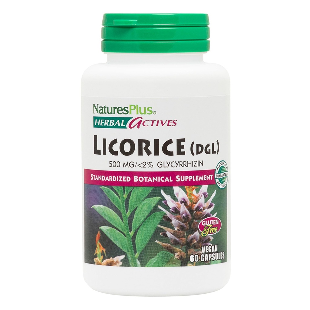 Natures Plus Herbal Actives Licorice (DGL) Κάψουλες - 500mg, 60 Vegan Συμπληρώματα - χορτοφαγικά, χωρίς γλουτένη - 60 Services