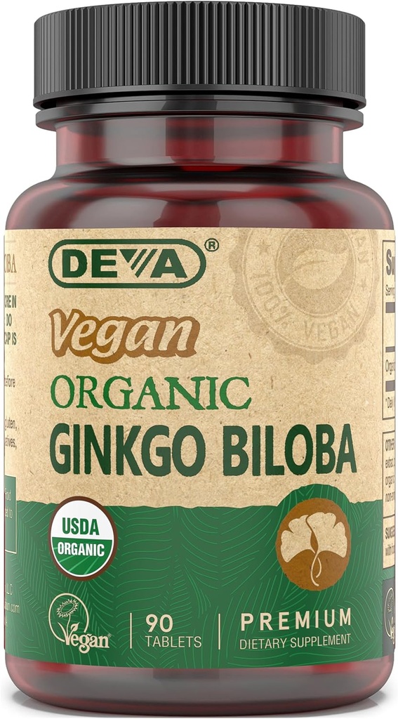 DEVA Vegan Ginkgo Biloba Συμπλήρωμα διατροφής, USDA Organic, Vegan Society Certified, Easy-to-Swallow Tiny Tablets, 300 mg., 90-Count Bottle