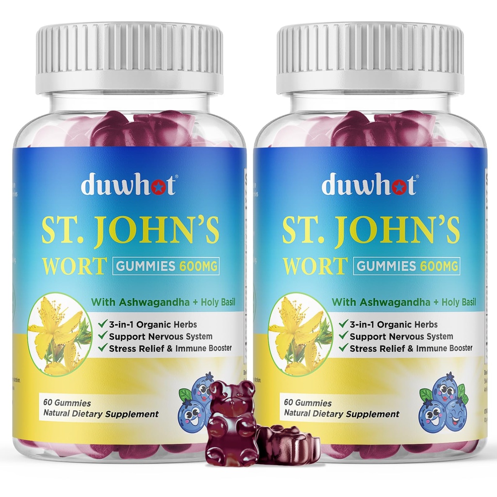 St John's Wort Gummies 600mg, 3 in 1 Βιολογικά συμπληρώματα βοτάνων για ανακούφιση από το στρες, υποστήριξη νευρικού συστήματος, με εκχύλισμα Ashwagandha & Holy Basil για ενήλικες & παιδιά, μη ΓΤΟ, Vegan, 120 ct.