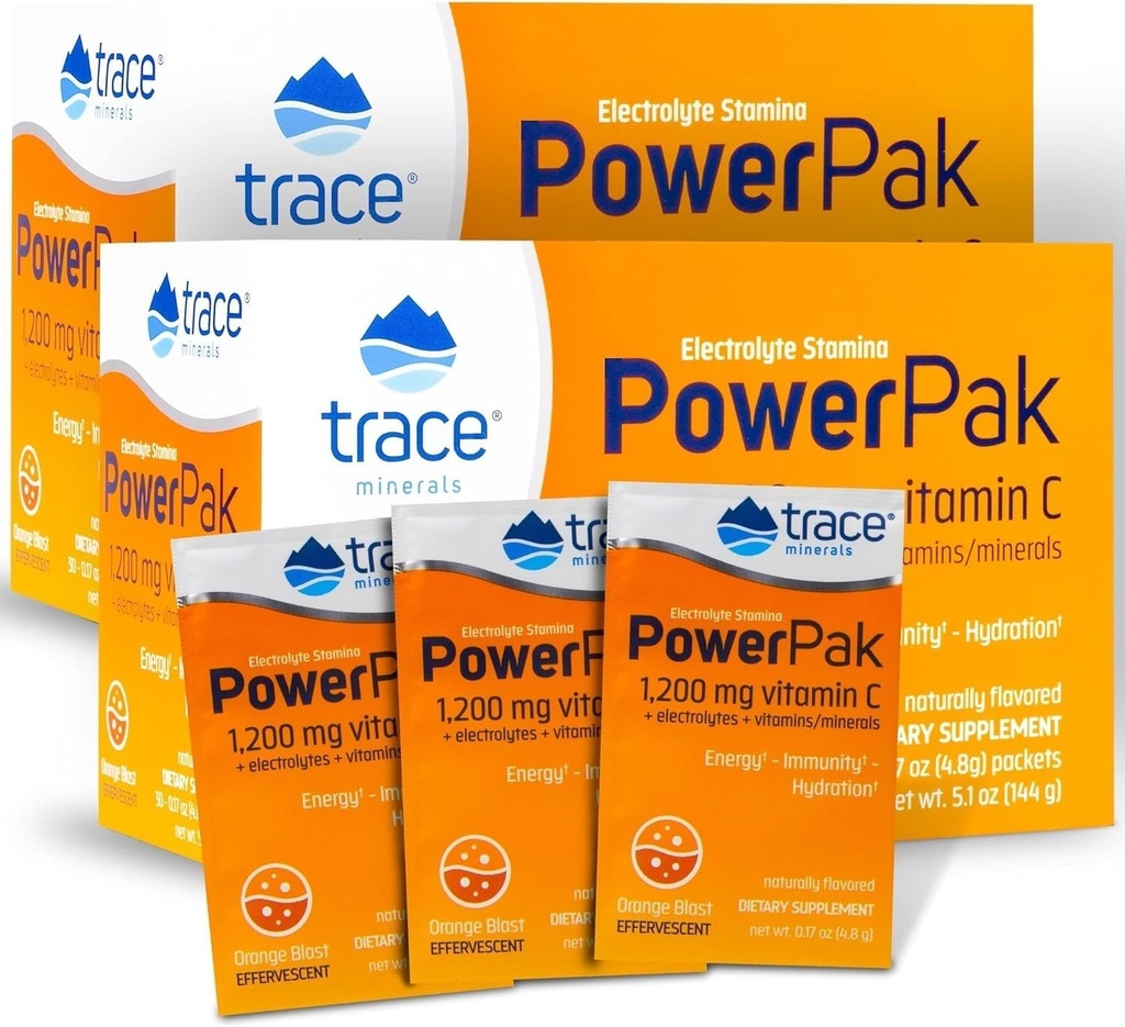 Trace Minerals | Power Pak Electrolyte Powder Packets | 1200 mg Vitamin C, Zinc, Magnesium | Boost Immunity, Hydration and Natural Energy | Orange Blast | 60 Packets