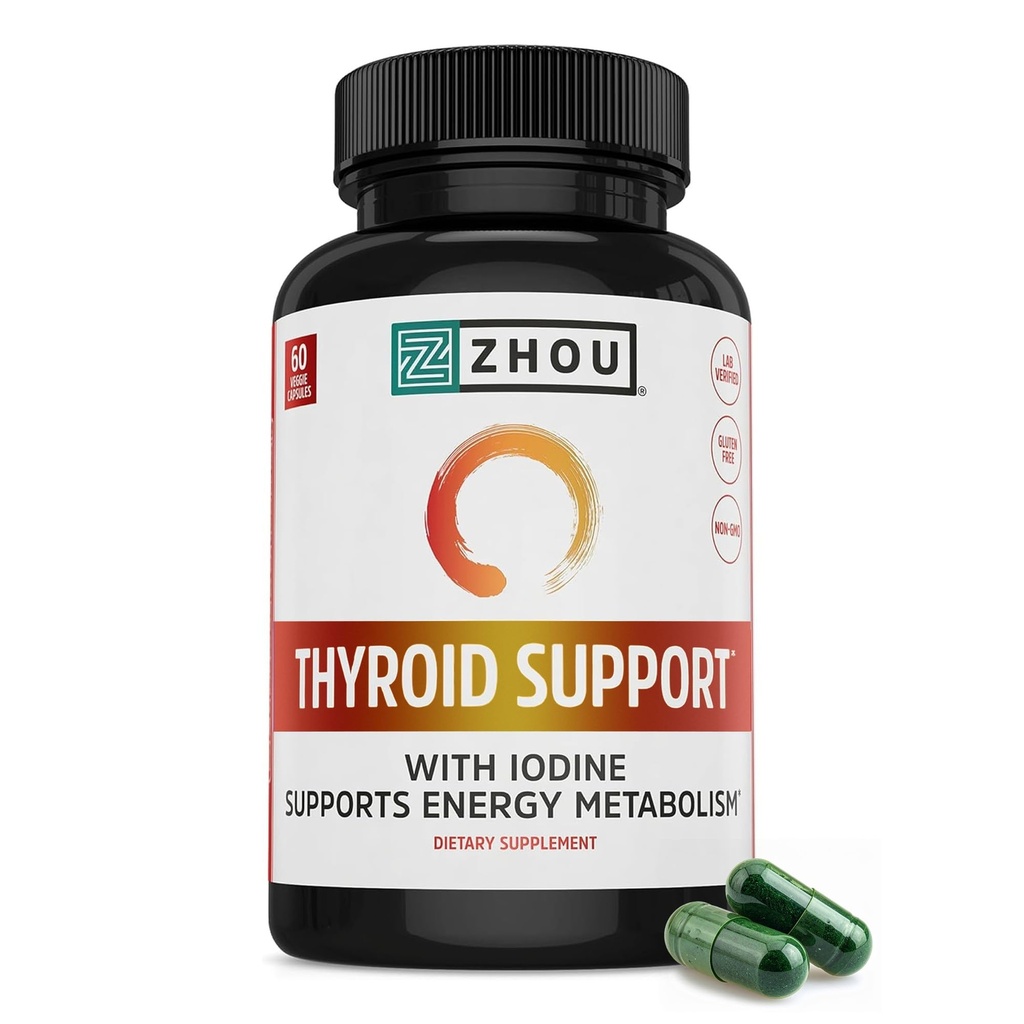 Zhou Thyroid Υποστήριξη - Thyroid συμπλήρωμα για γυναίκες & άνδρες με ψευδάργυρο, ιώδιο, & σελήνιο, Μεταβολική Υγεία Thyroid Complex με Ashwagandha, Kelp - 60 κάψουλες Veggie (πακέτο του 1)