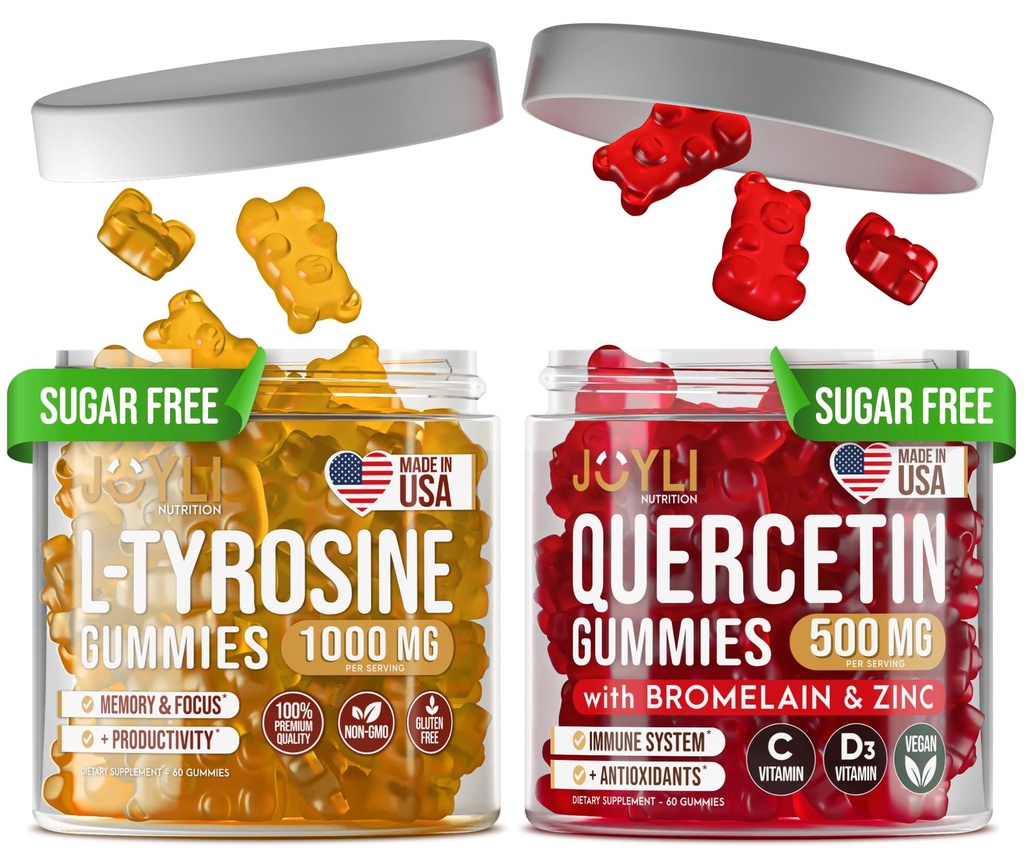 L-Τυροσίνη Gummies + Quercetin Gummies - L Τυροσίνη συμπλήρωμα, Quercetin με βιταμίνη C - Focus Gummies και ανοσοποιητική υποστήριξη Gummies - 60 L-Τυροσίνη για παιδιά Gummies, 60 Quercetin με ψευδάργυρο Gummies